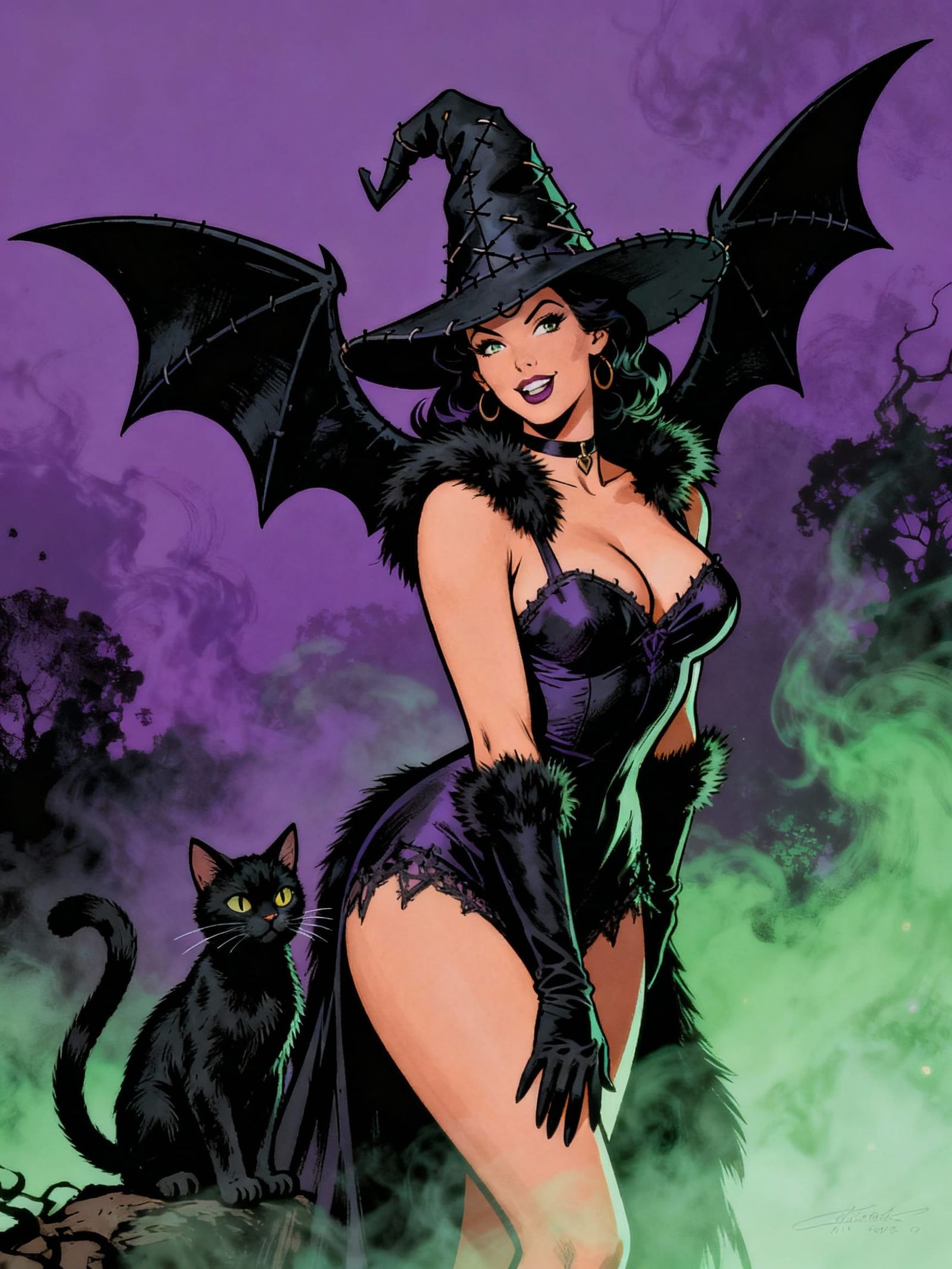 Pin-Up Witch with Bat Wing Hat in Comic Art Style
