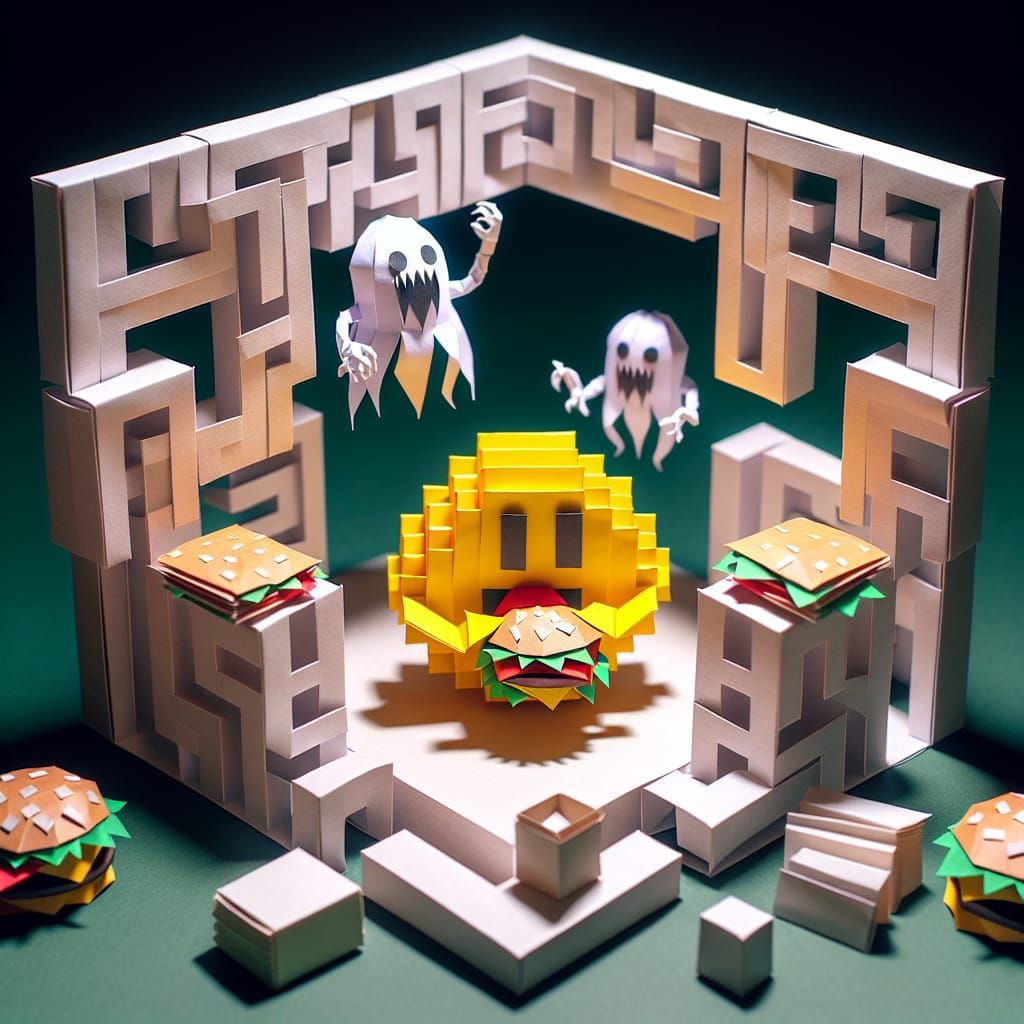 Origami Pac-Man Devours Hamburgers Amidst Ghostly Maze
