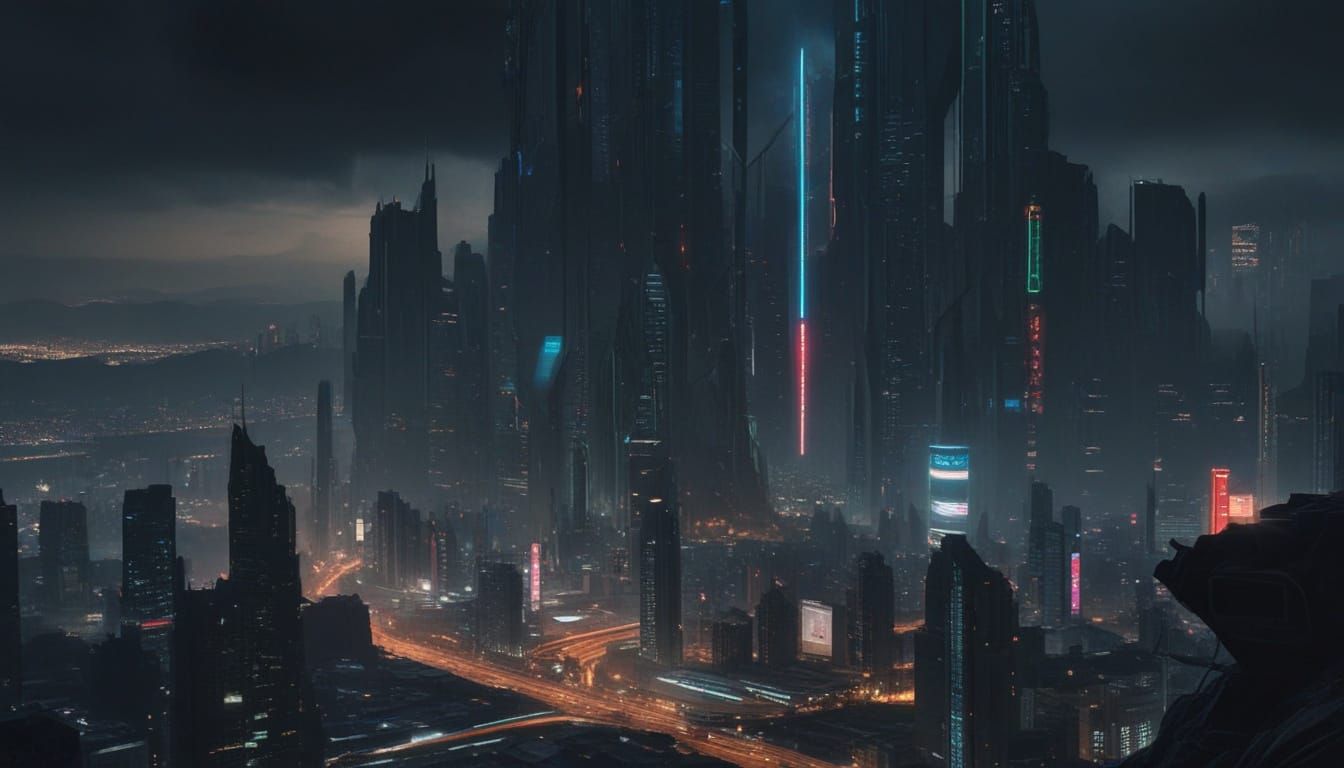 Cyberpunk Cityscape with High-Tech Fortress and Defiant Prot...