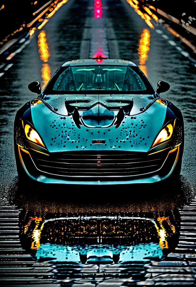 Supercar Speeds Through Neon-Lit Rainy City Expressway