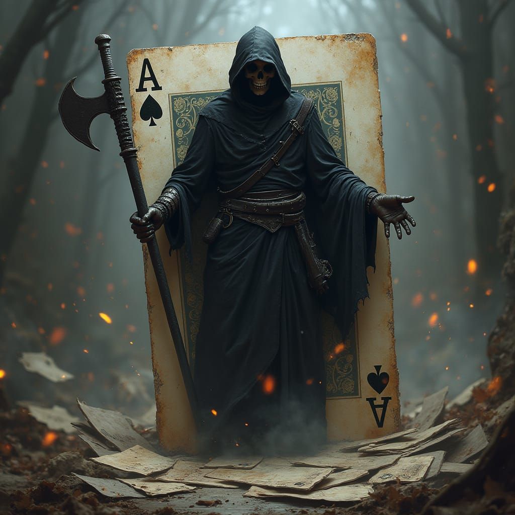 Grim Reaper Emerges from Ace of Spades in Whirlwind of Cards