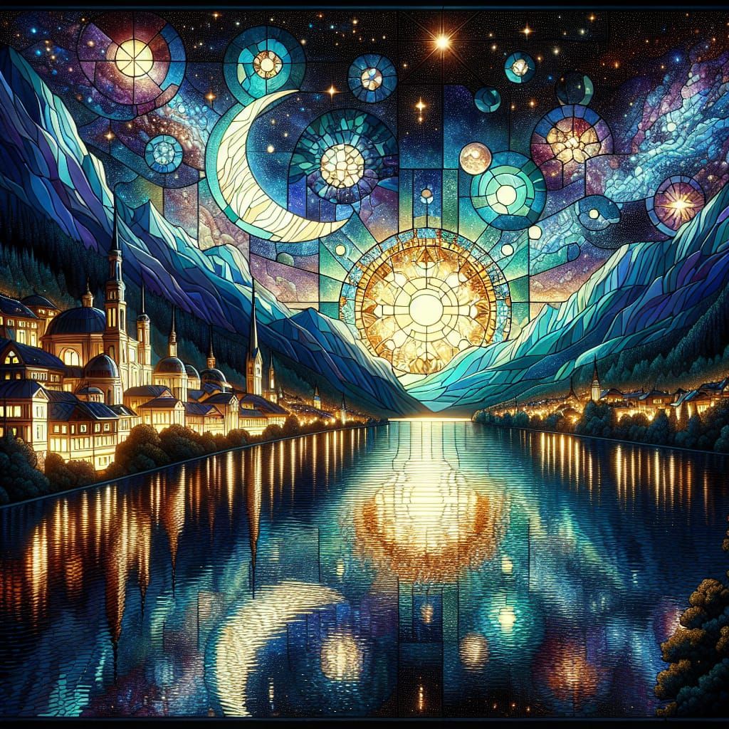 Stained Glass Starry Night Over Cityscape