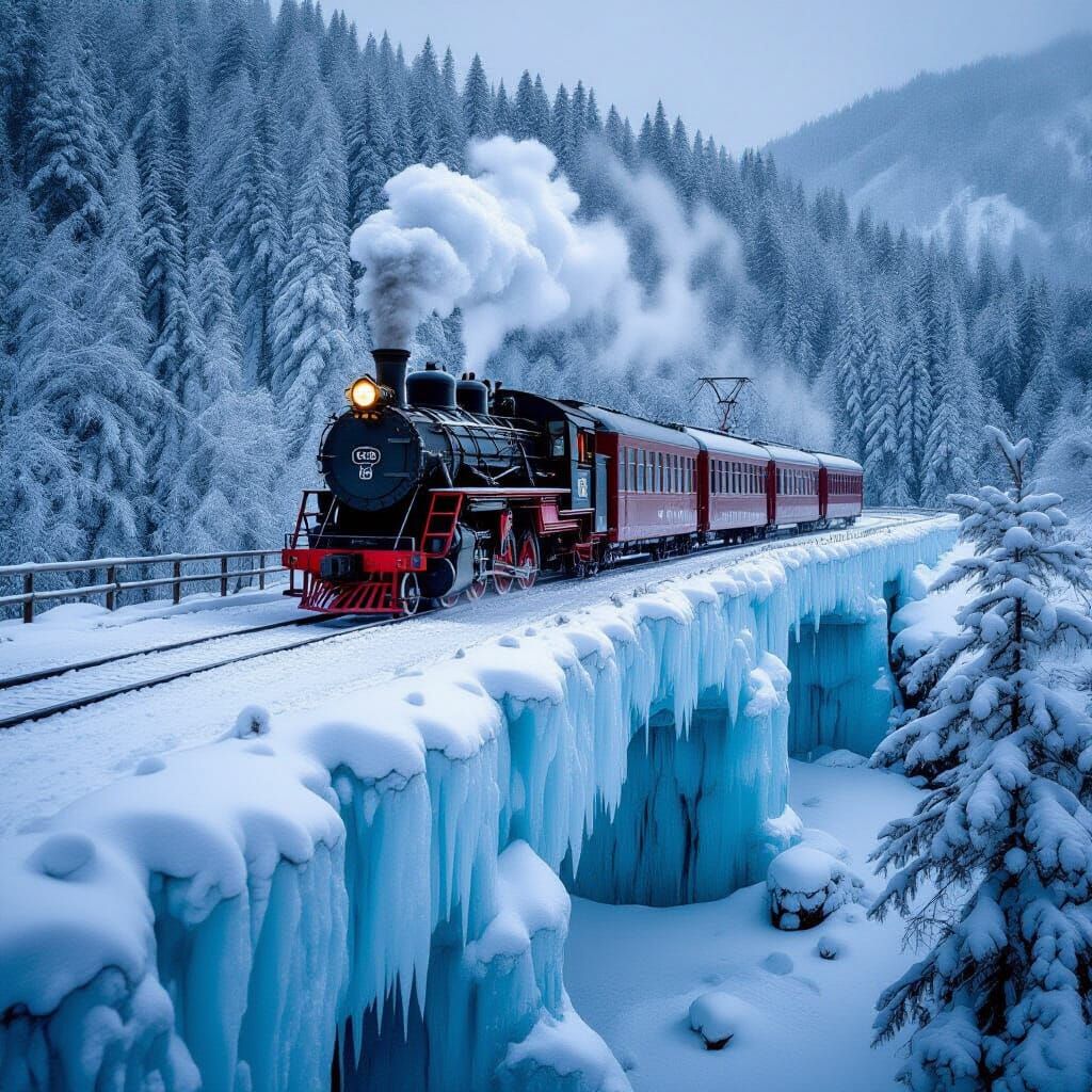 Frozen Train on Icicle Bridge in Snowy Landscape