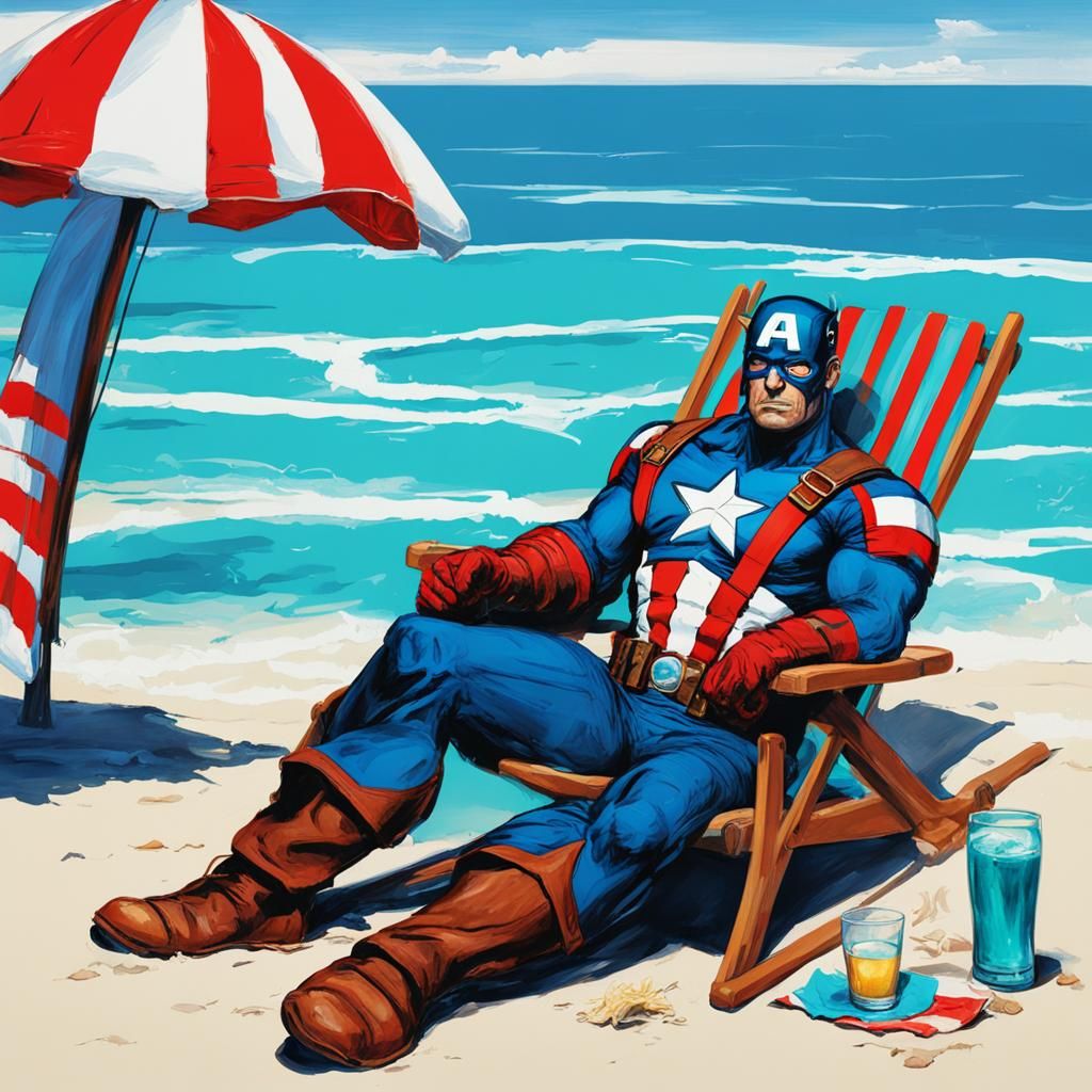 Captain America on Beach in Hyperrealistic Splash Art