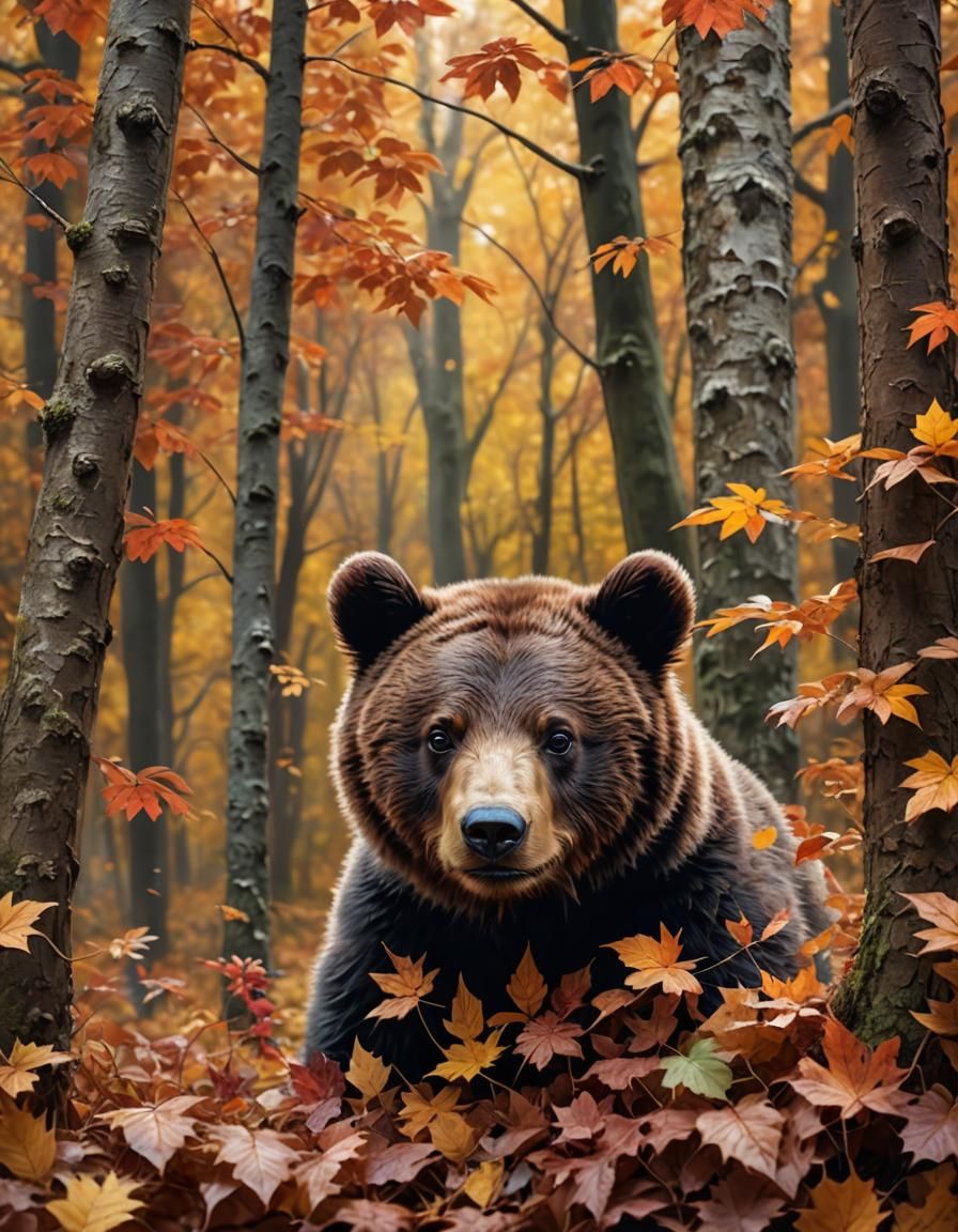 Adorable Bear Cub in Autumn Leaves: Hyperrealistic Image