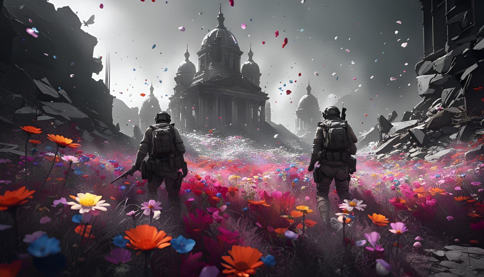 Colorful Flowers Bloom on Battlefield, Hyperdetailed Art