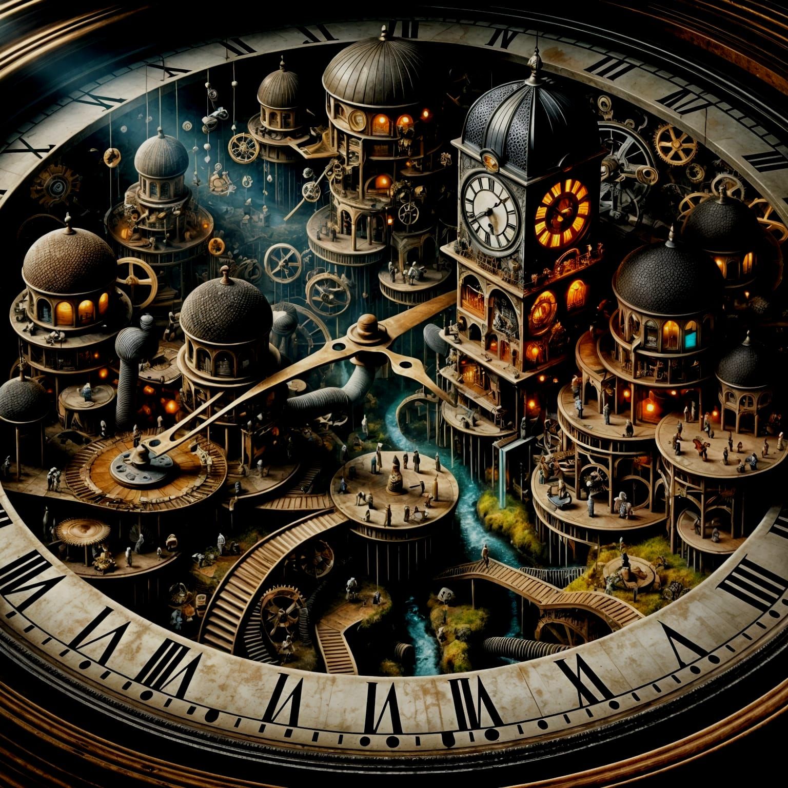 Miniature Clockwork City Inside Grandfather Clock