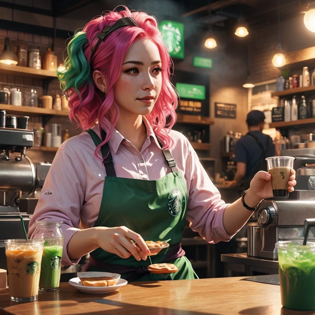 Anime Barista Serving Customer in Starbucks