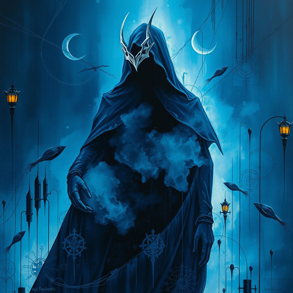 Mysterious Figure in Indigo Mist, Impasto Art Deco