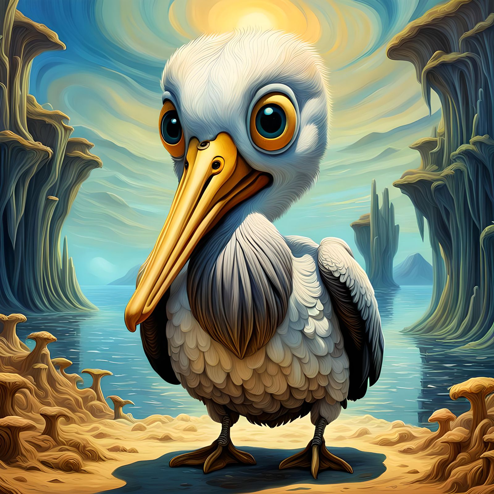 Surreal Chibi Pelican in Dreamlike Digital Painting