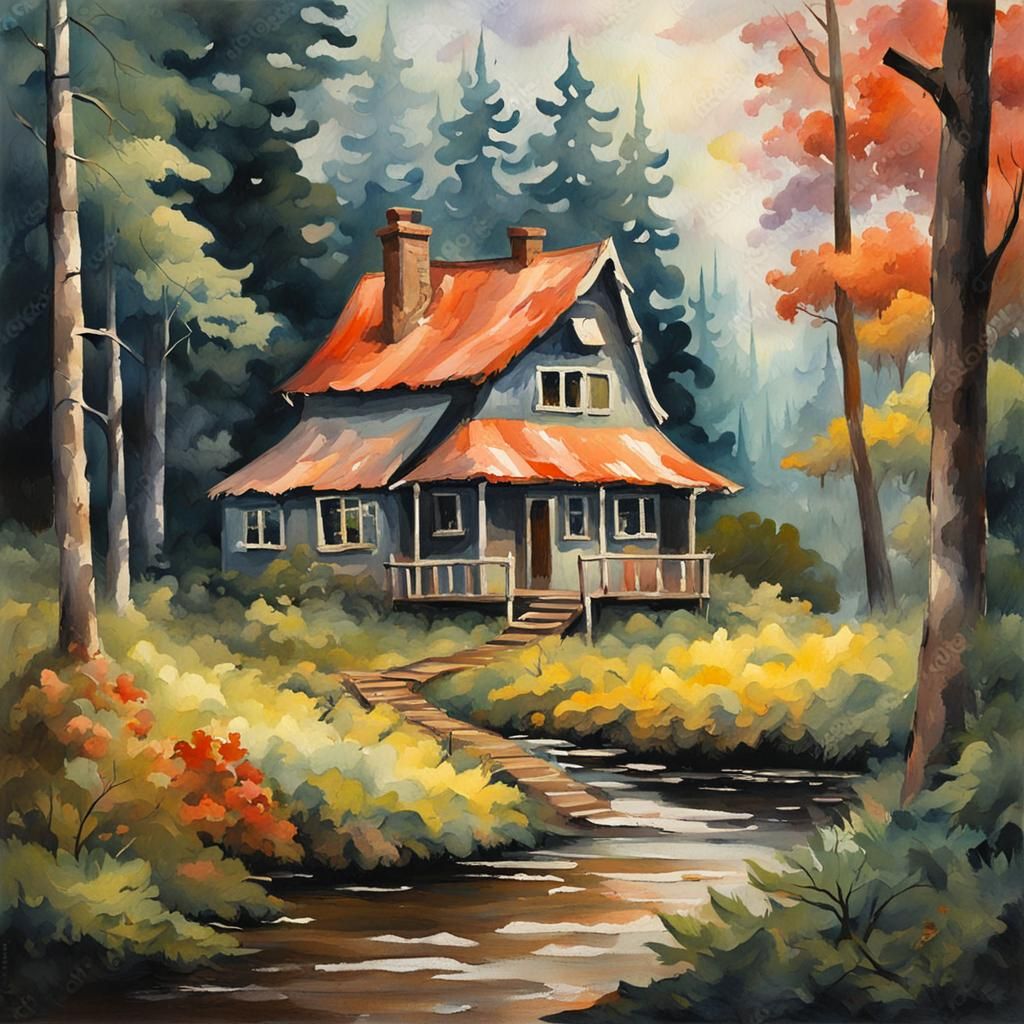 Cottage in Gloomy Forest as Gouache Painting