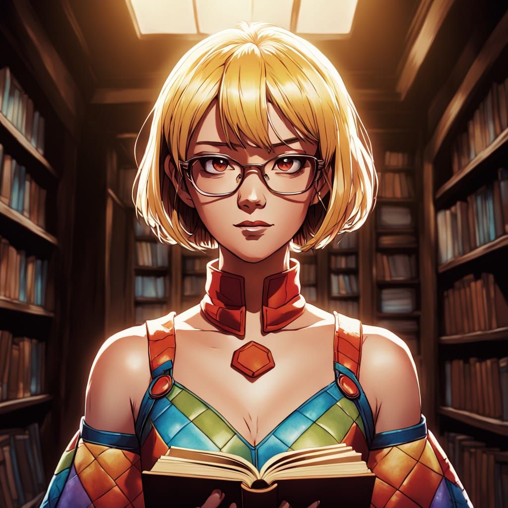 Vibrant Urban Librarian Hero in Whimsical Rainbow Outfit