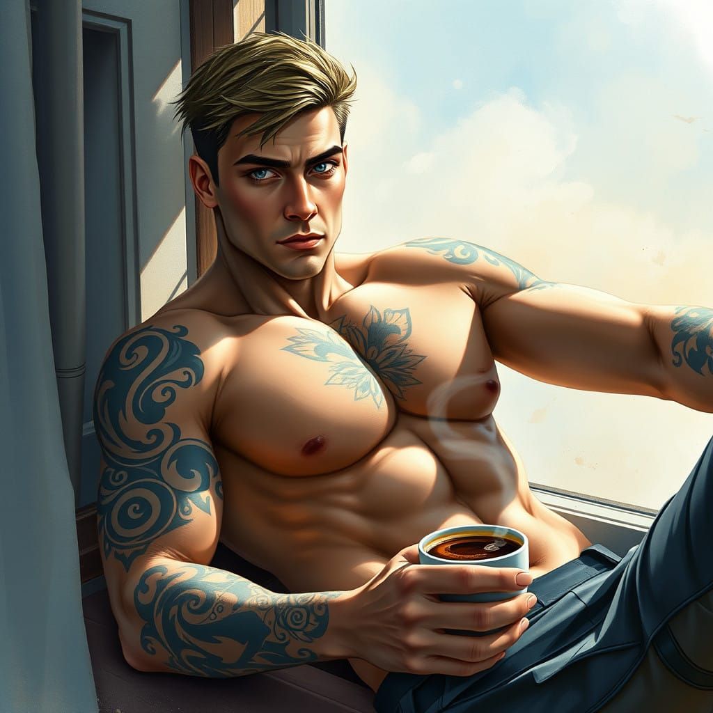 Mysterious Hero in Sci-Fi Fantasy World with Watercolor Real...