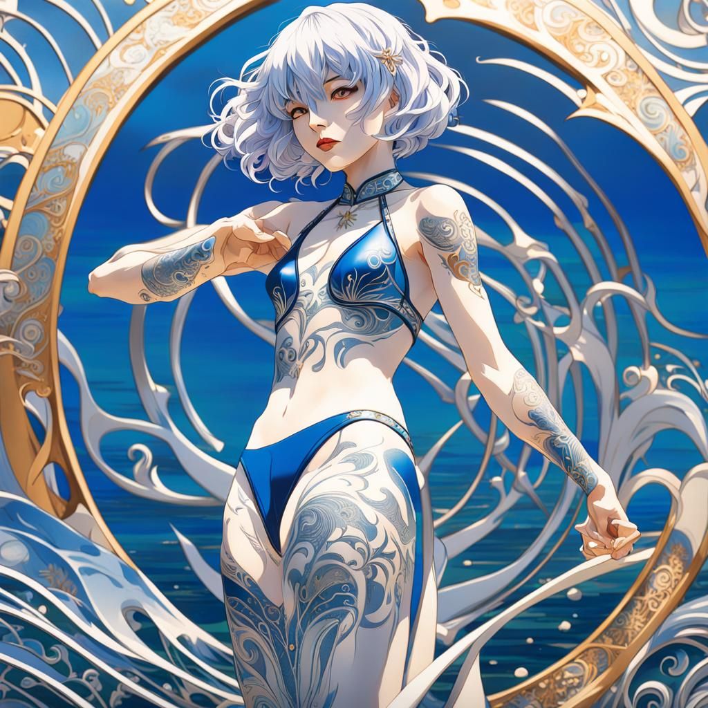 Art Nouveau. Medium shot. Rei Ayanami stands on the beach, collecting her hair with both hands, showcasing a natural and...
