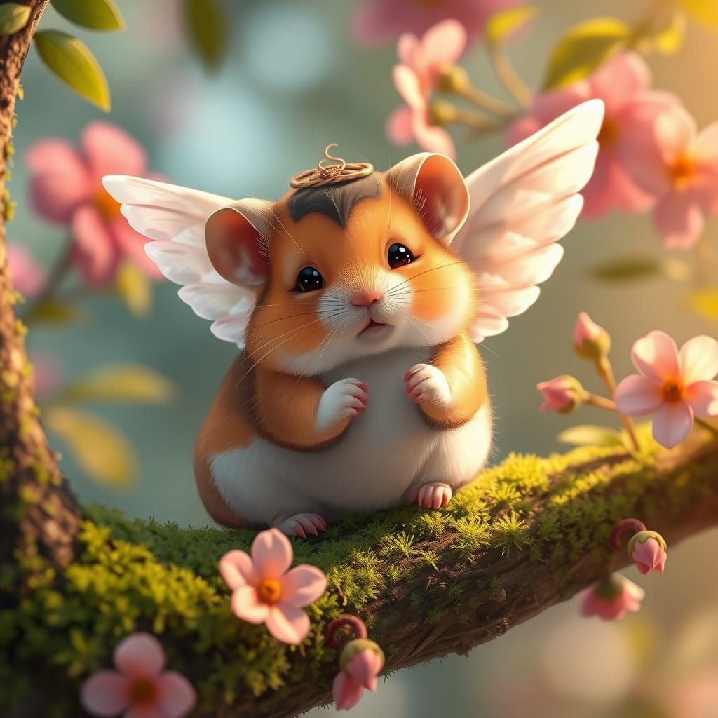 Whimsical Angel Hamster in a Lush, Blooming Paradise
