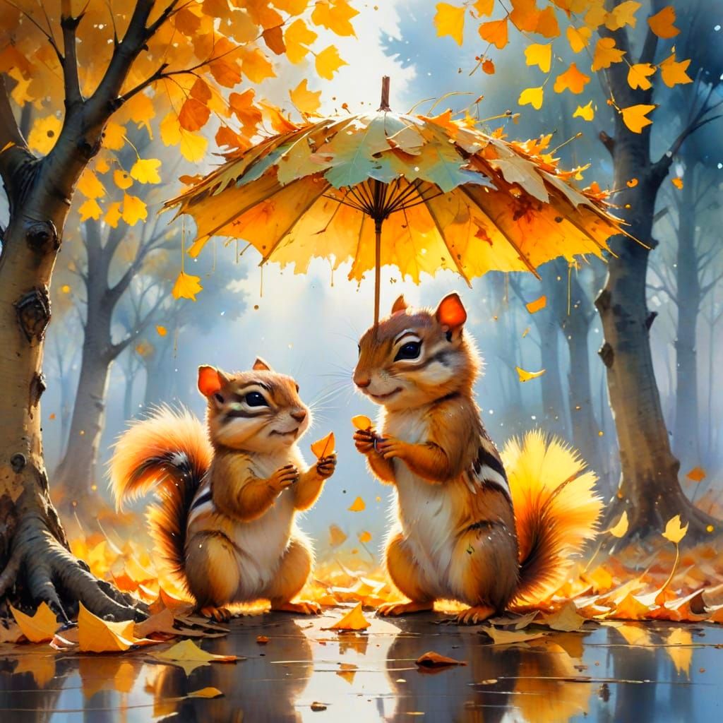 Chipmunks Exchanging Gifts Under Golden Ginkgo Trees