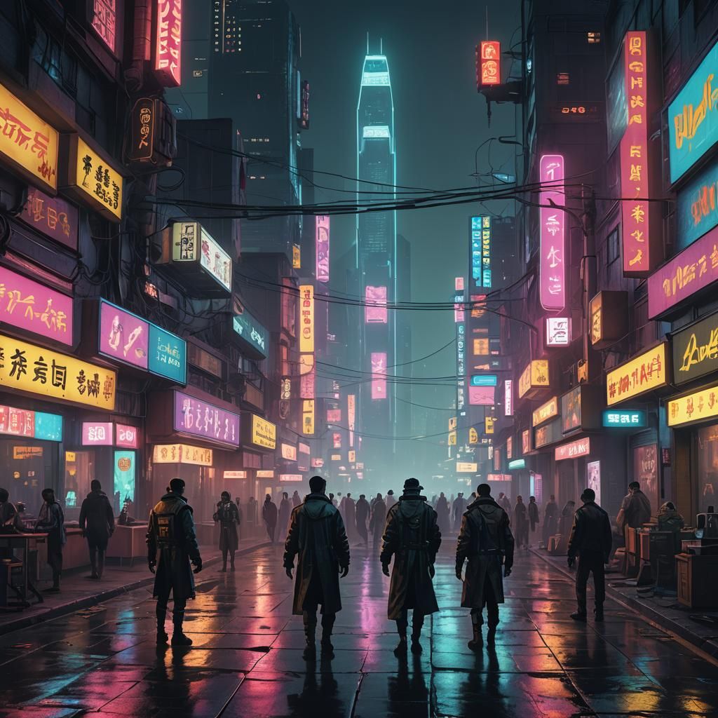 Cyberpunk Robot Data Sellers in Neon Cityscape