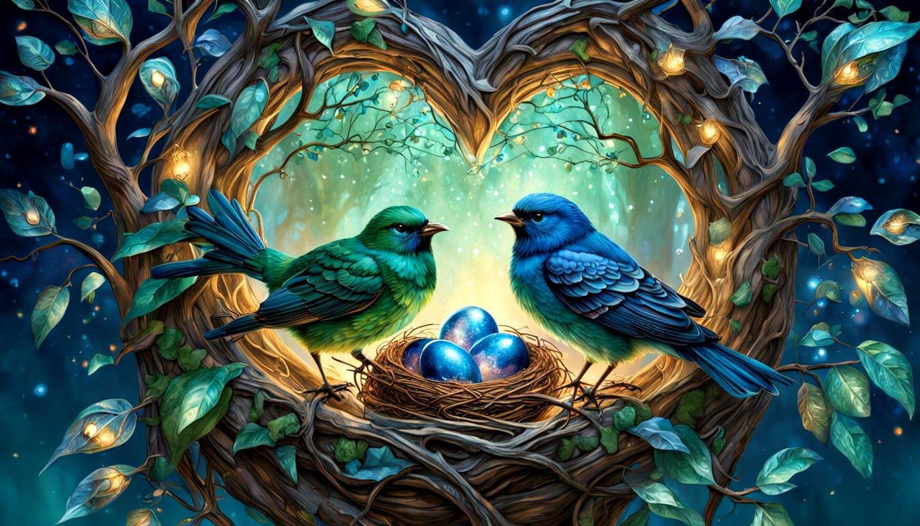 Art Nouveau Birds Nest in Heart Tree with Gemstones