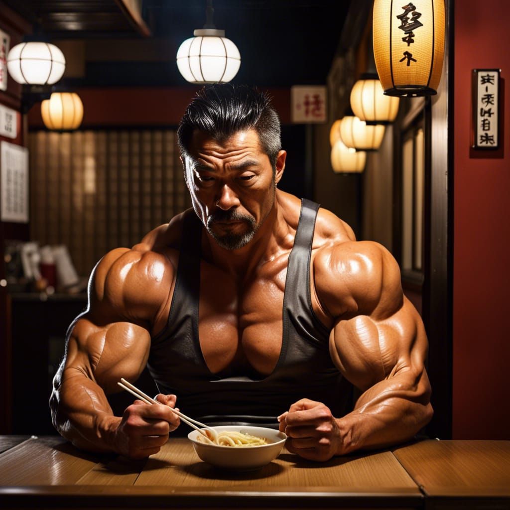 Muscular Security Guard Enjoys Ramen in Kyoto