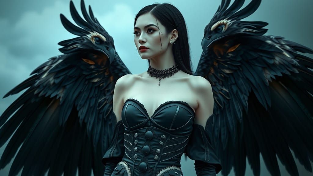 Dark Romantic Woman with Gothic Wings in HDR
