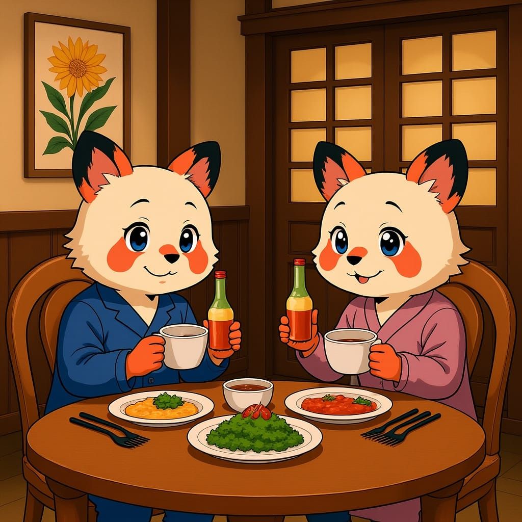 Red Pandas Romantic Dinner in Chinese Cafe Illustration
