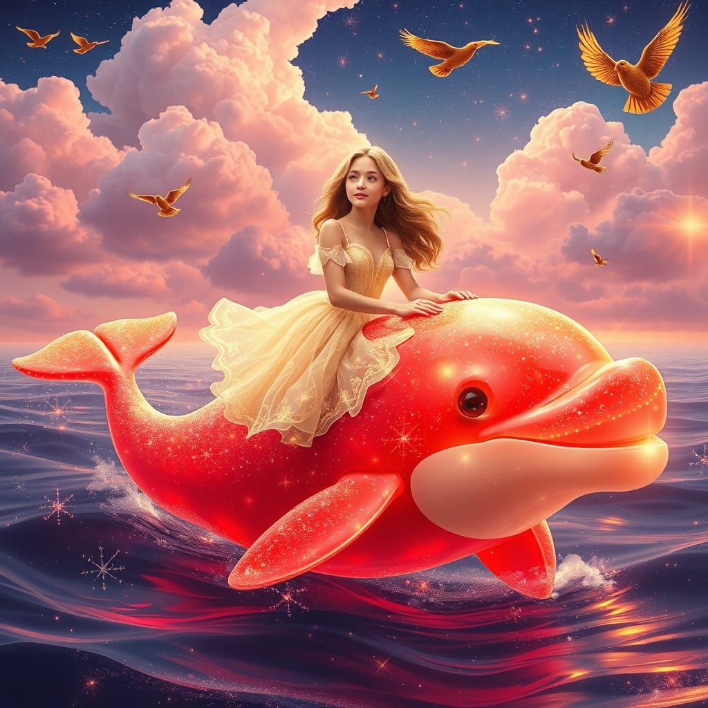 Fantasy Woman Rides Candy Dolphin: Art Nouveau Style