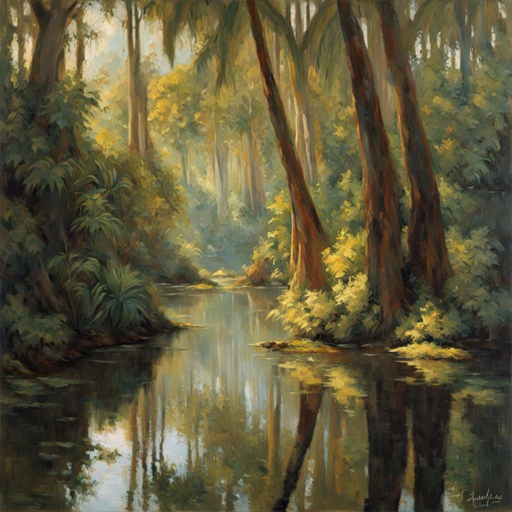 Mirrored Tropical Jungle Reflection as Oil Painting