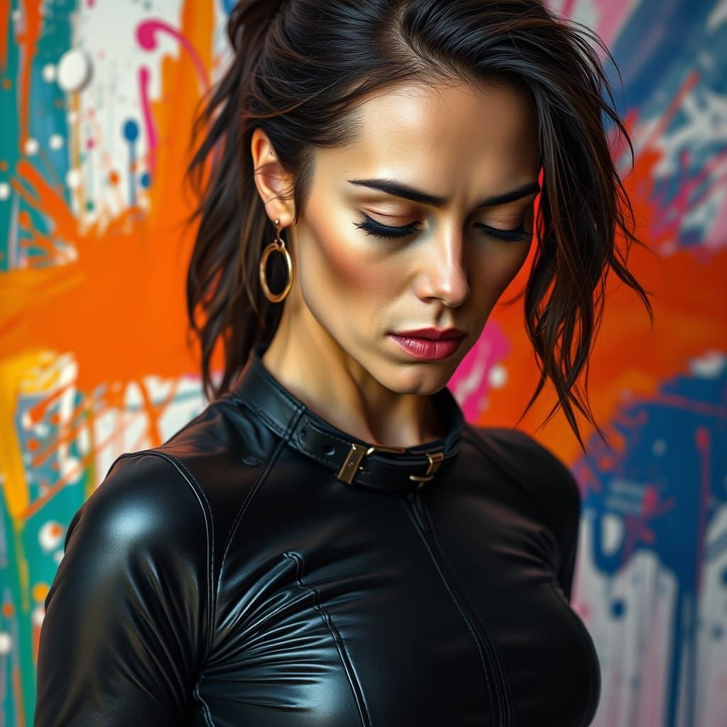 Sultry Woman in Leather, Led by a Chain, in a Hyper-Realisti...