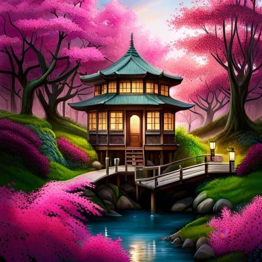 Cherry Blossom Treehouse in Japanese Garden