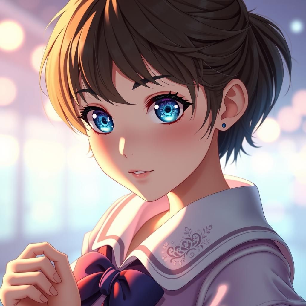 Anime Girl with Blue Eyes in Pastel School Uniform