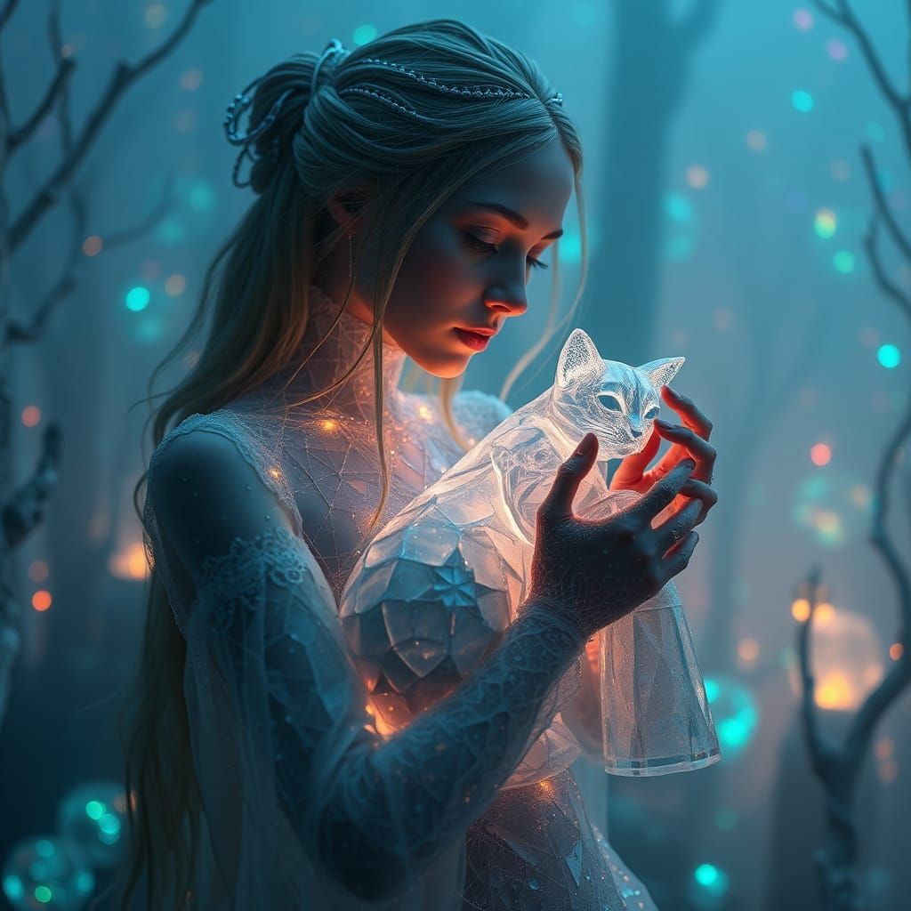Crystal Woman with Cat in Sci-Fi Forest