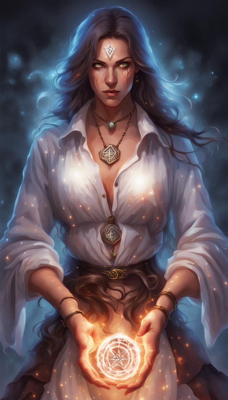 Magical Woman with Runes and Glowing Energy