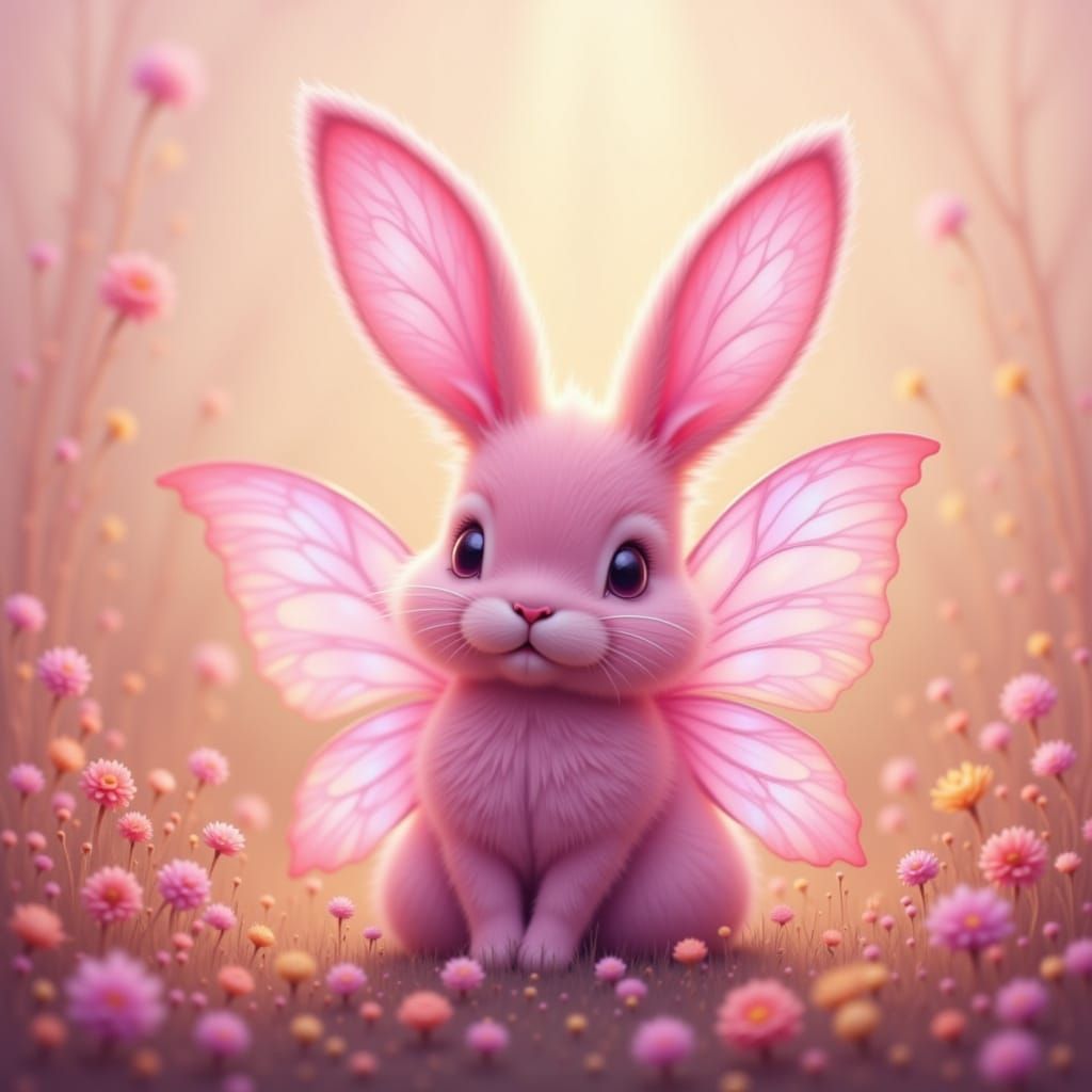 Cute Pink Bunny With Butterfly Wings in Field