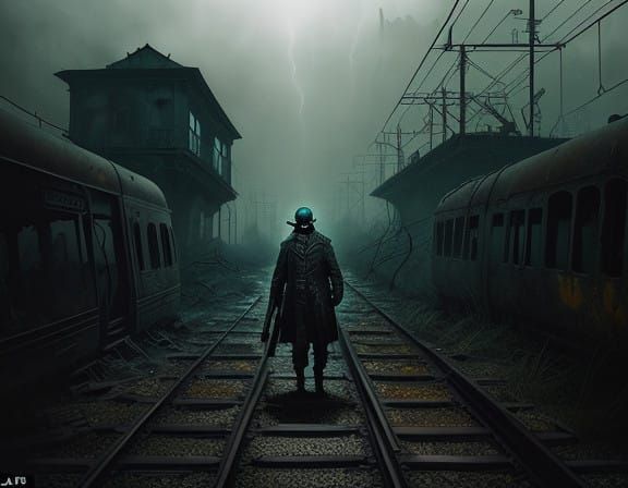 Figure in Gas Mask Illuminates Graffiti-Covered Underground...