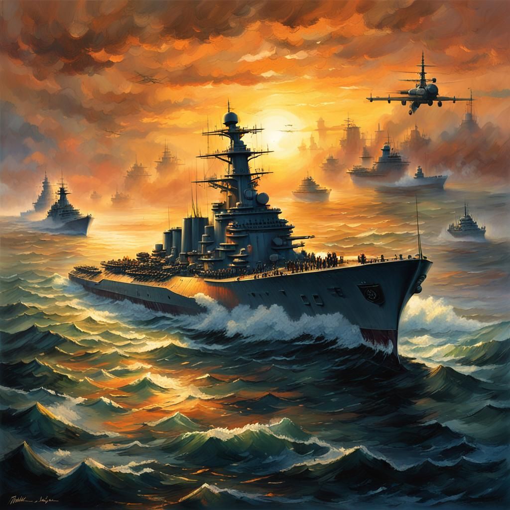 Futuristic Warships Clash at Sunset