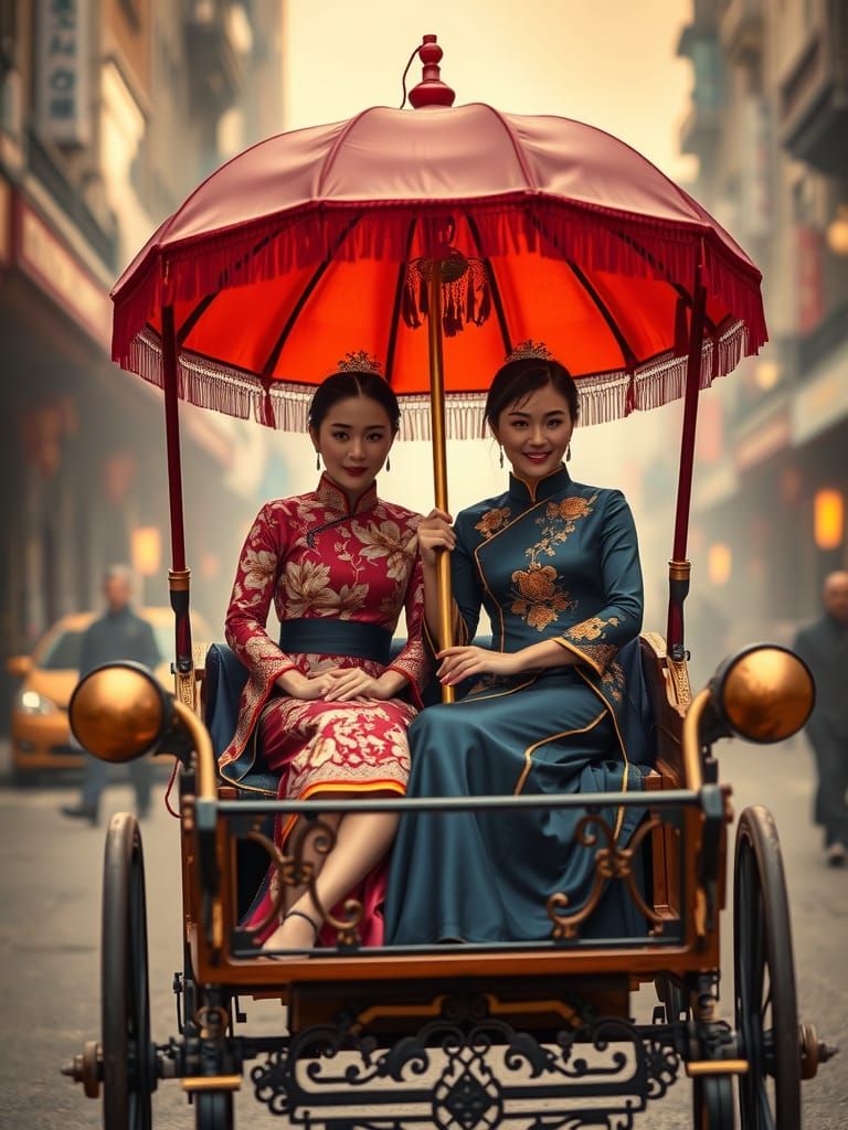 Noble Ladies in Shanghai Rickshaw, Atmospheric Photo