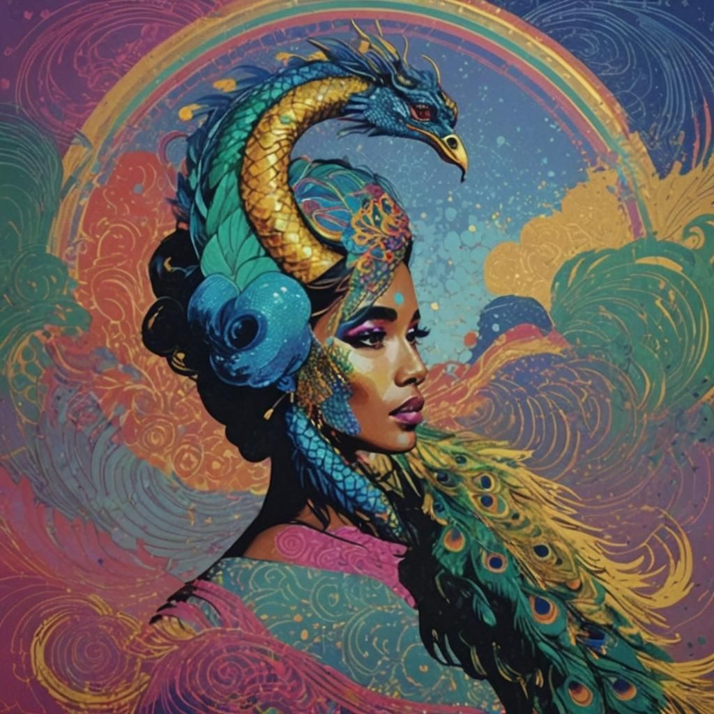 Metallic Woman with Peacock Feathers in Pop Art Style