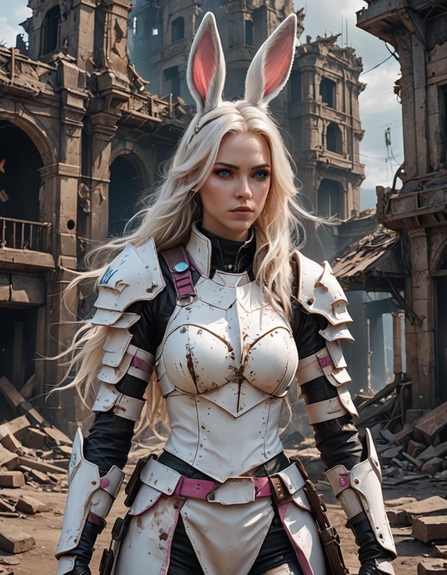 Post-Apocalyptic Bunny-Girl in Ruins: Detailed Matte Paintin...