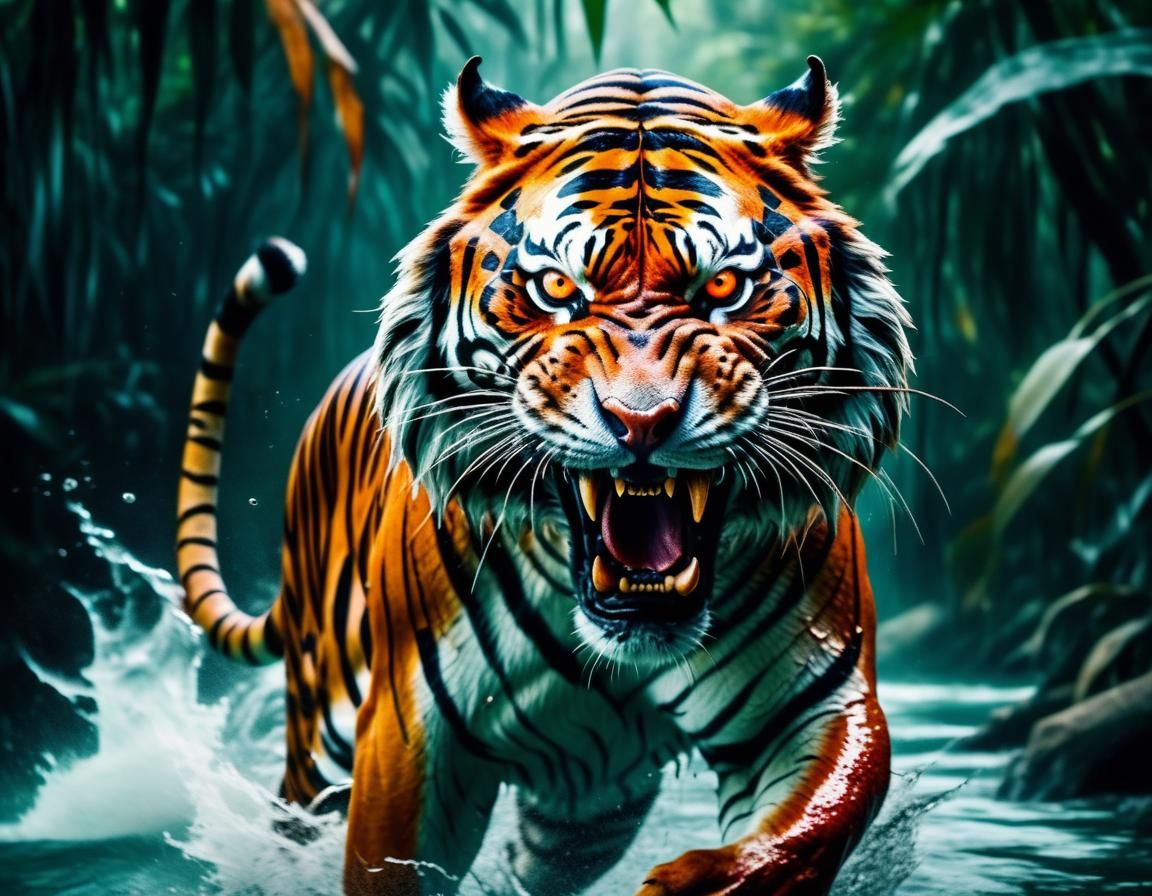 portrait of a fierce sinister and veiny tiger in a frenzy with bloody face and the soul of a demon eyes, attacking towar...