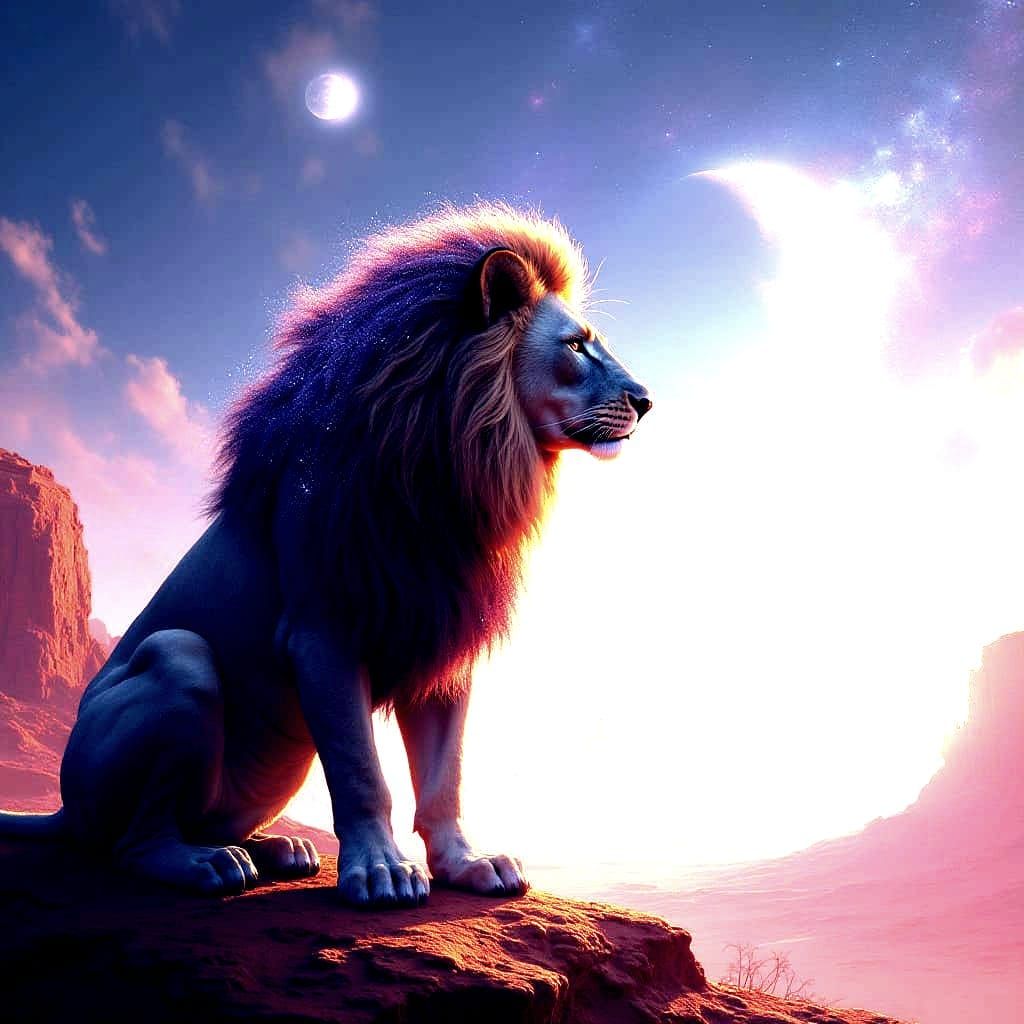 Majestic Lion in Cosmic Landscape with Twin Moons