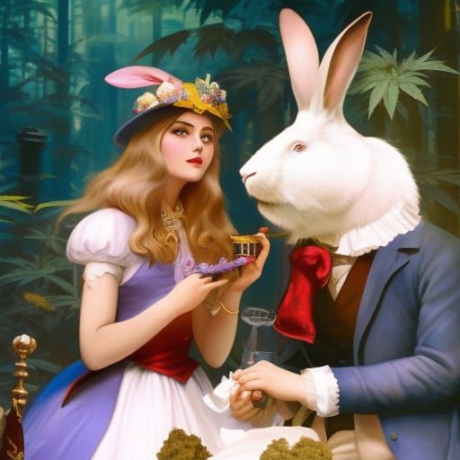 Alice in Wonderland Smoking With White Rabbit Portrait