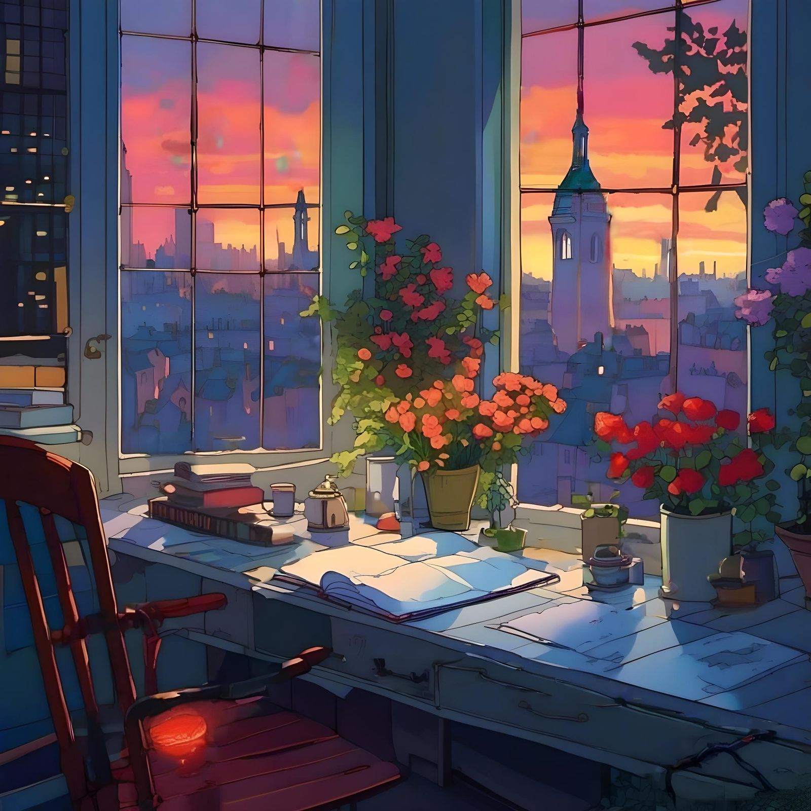 Cozy City Desk at Dusk in Minimalist Style