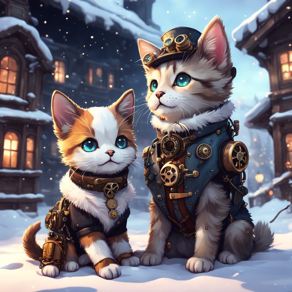 Steampunk Puppy and Kitten Celebrate New Year in Cozy Winter...