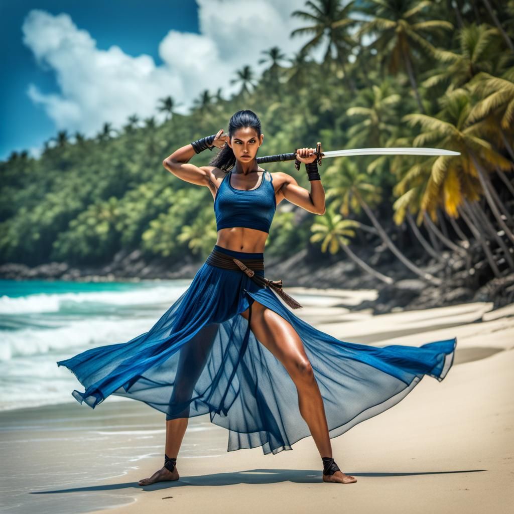 Hyperrealistic Ballerina Ninja on Tropical Beach