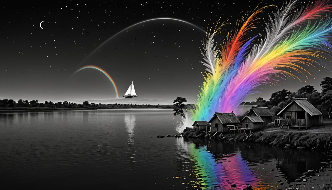 Rainbow Bird in Flight Over Monochrome River