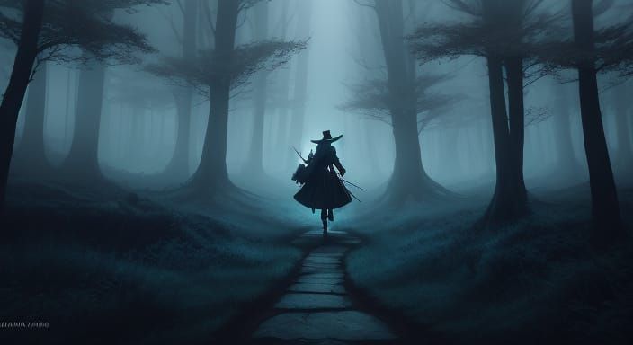 Mysterious Witch on Forest Path in Anime Style