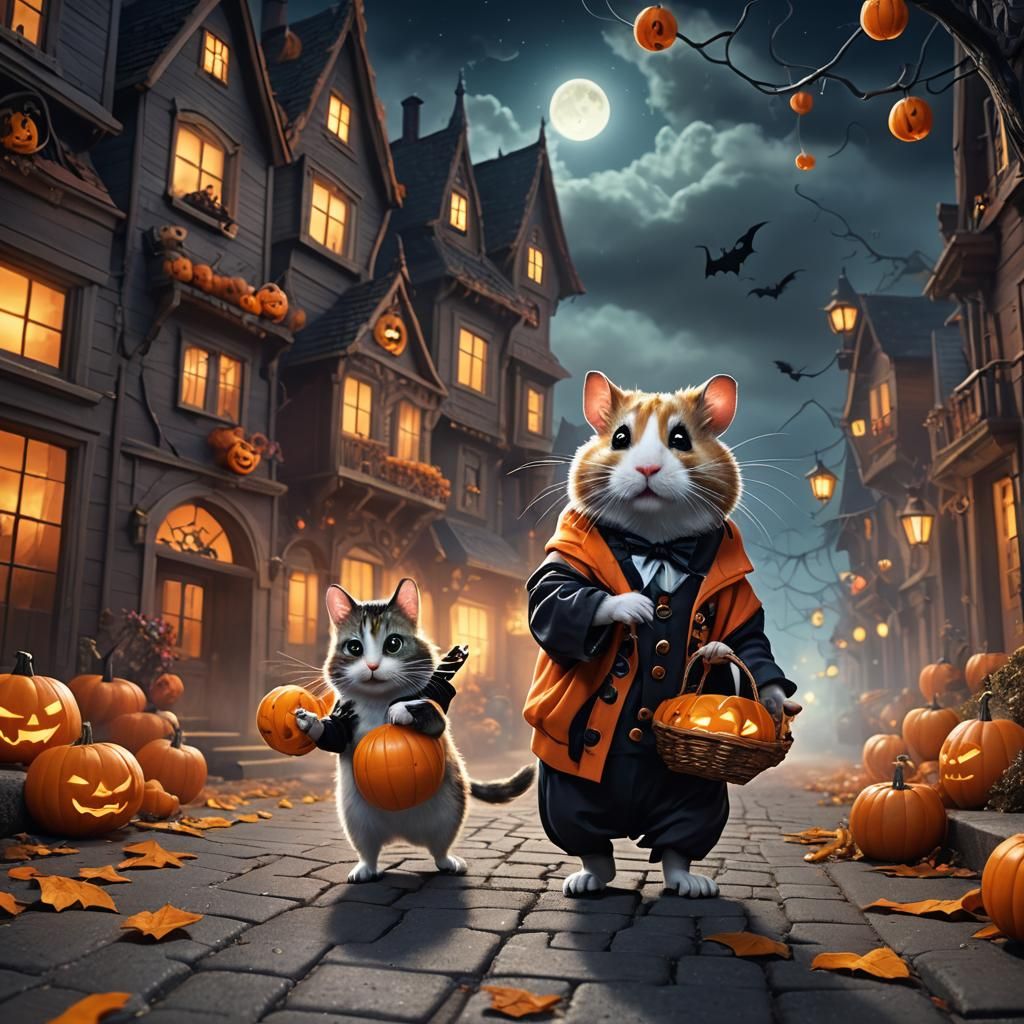 Halloween Hamster and Cat on Spooky Street