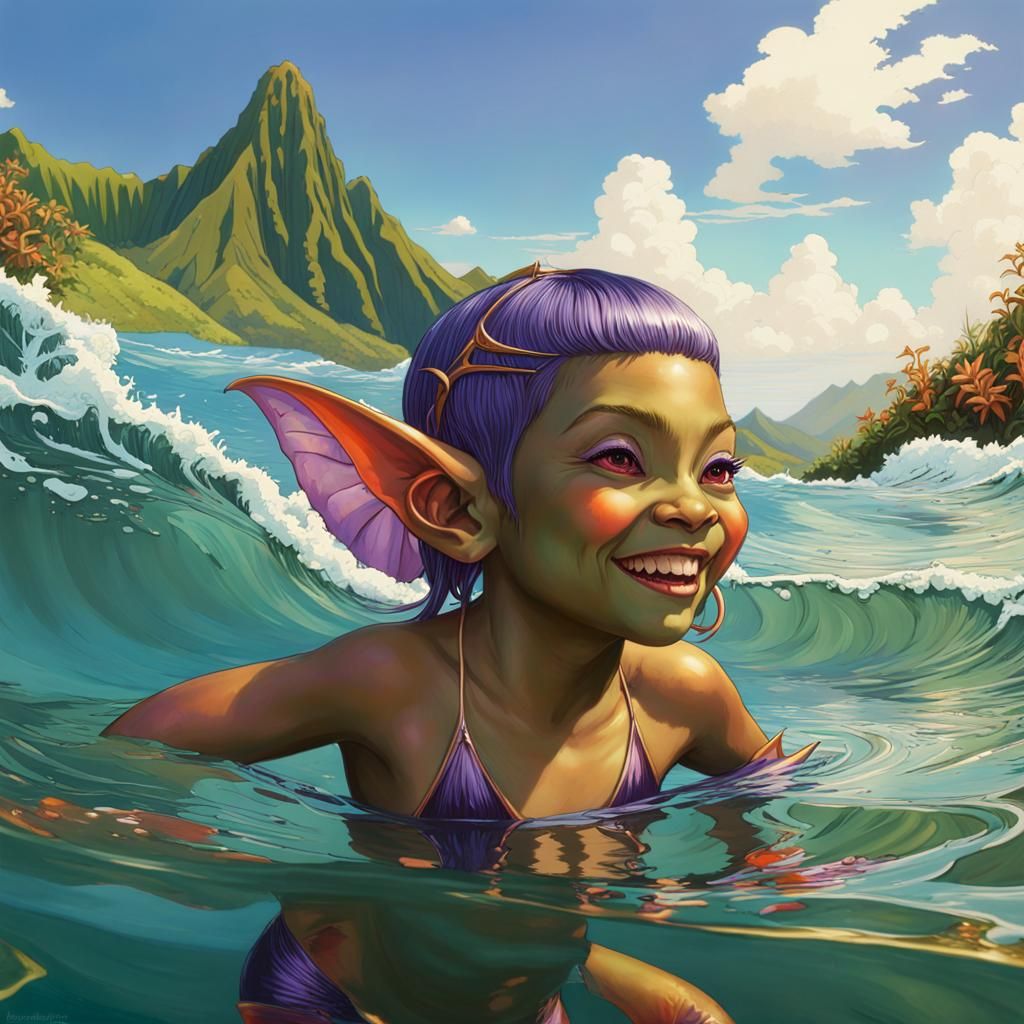 Glossy Goblin Child in Hawaii, Photorealistic Style