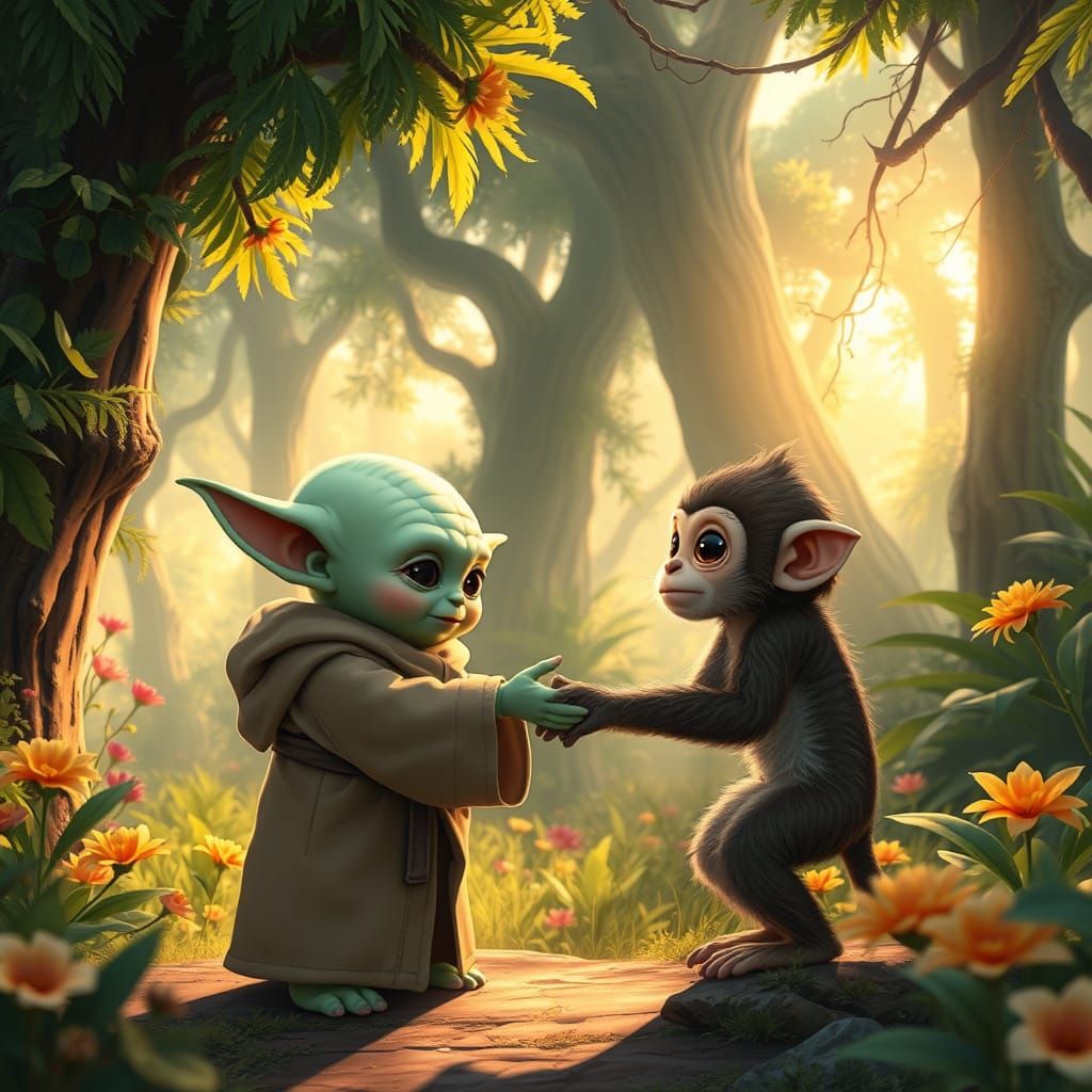 Baby Yoda Meets Baby Monkey in Whimsical Forest Wonderland