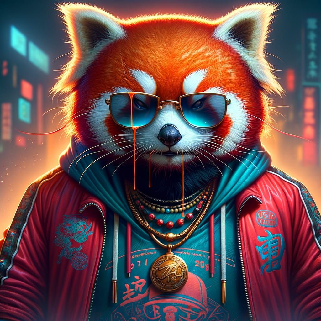 Red Panda Street Warrior in Fantasy Drip Attire